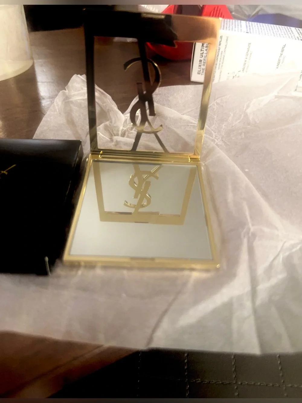 Rare!Yves Saint Laurent Gold Logo Compact Mirror with Black Case